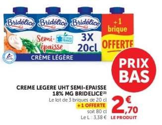 CREME LEGERE UHT SEMI-EPAISSE 18% MG BRIDELICE