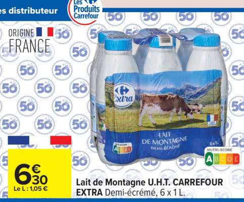 Lait de Montagne U.H.T. CARREFOUR EXTRA Demi-écrémé, 6 x 1 L
