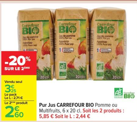 Pur Jus CARREFOUR BIO Pomme ou Multifruits, 6 x 20 cl