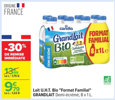 Lait U.H.T. Bio "Format Familial" GRANDLAIT Demi-écrémé, 8 x 1 L.