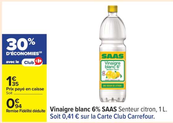 Vinaigre blanc 6% SAAS Senteur citron, 1L