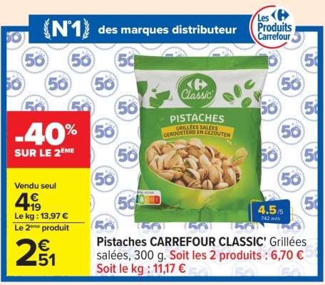 Pistaches CARREFOUR CLASSIC! Grillées salées