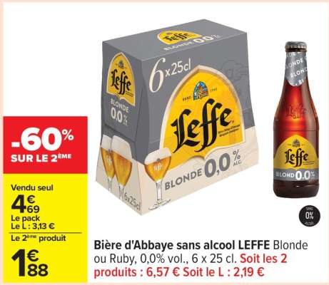 Bière d'Abbaye sans alcool LEFFE Blonde ou Ruby