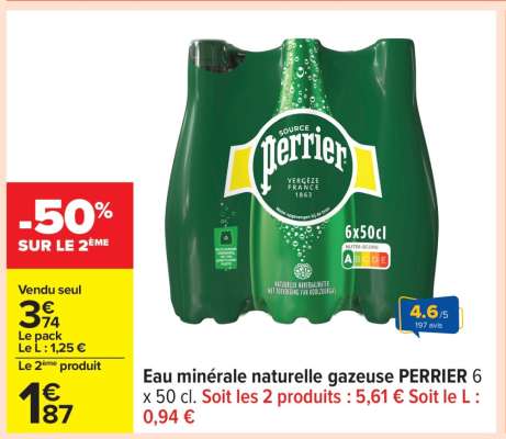 Eau minérale naturelle gazeuse PERRIER 6 x 50 cl