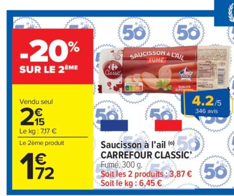 Saucisson à l'ail CARREFOUR CLASSIC'