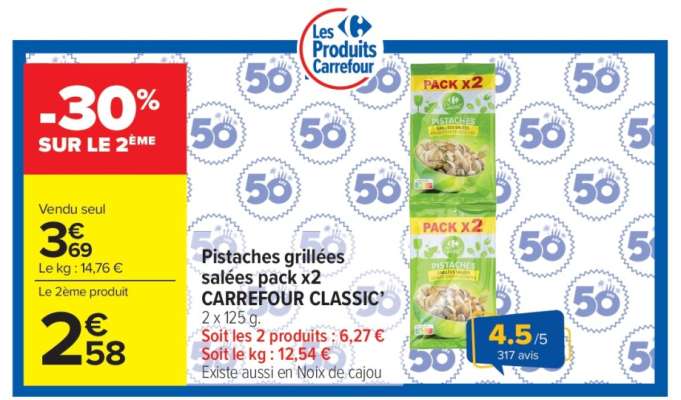 Pistaches grillées salées pack x2 CARREFOUR CLASSIC