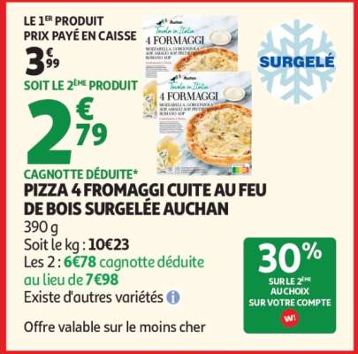 PIZZA 4 FROMAGGI CUITE AU FEU DE BOIS SURGELÉE AUCHAN