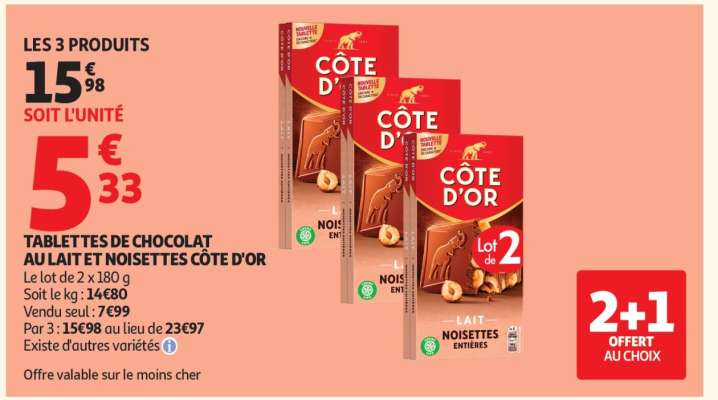 TABLETTES DE CHOCOLAT AU LAIT ET NOISETTES CÔTE D'OR