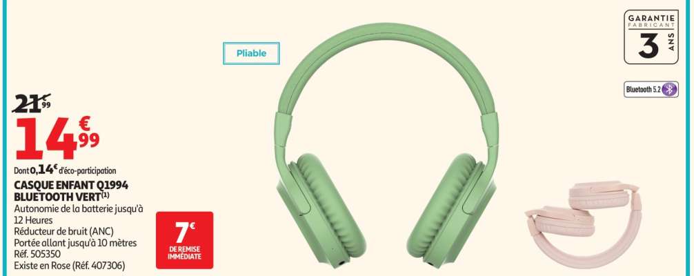 CASQUE ENFANT Q1994 BLUETOOTH VERT