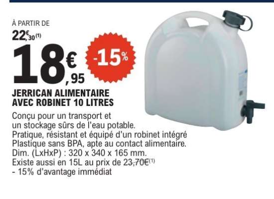 JERRICAN ALIMENTAIRE AVEC ROBINET 10 LITRES