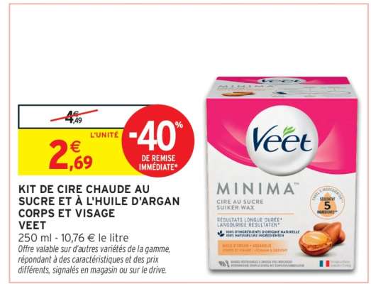 Kit de cire chaude au sucre et à l'huile d'argan corps et visage Veet