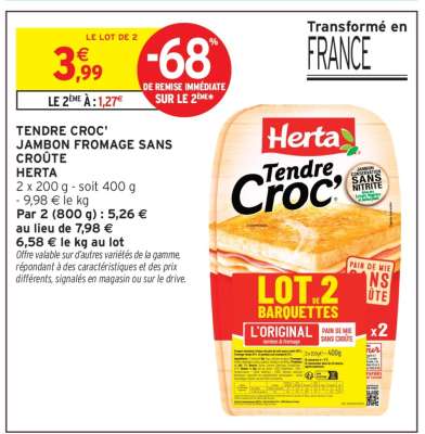 TENDRE CROC' JAMBON FROMAGE SANS CROÛTE