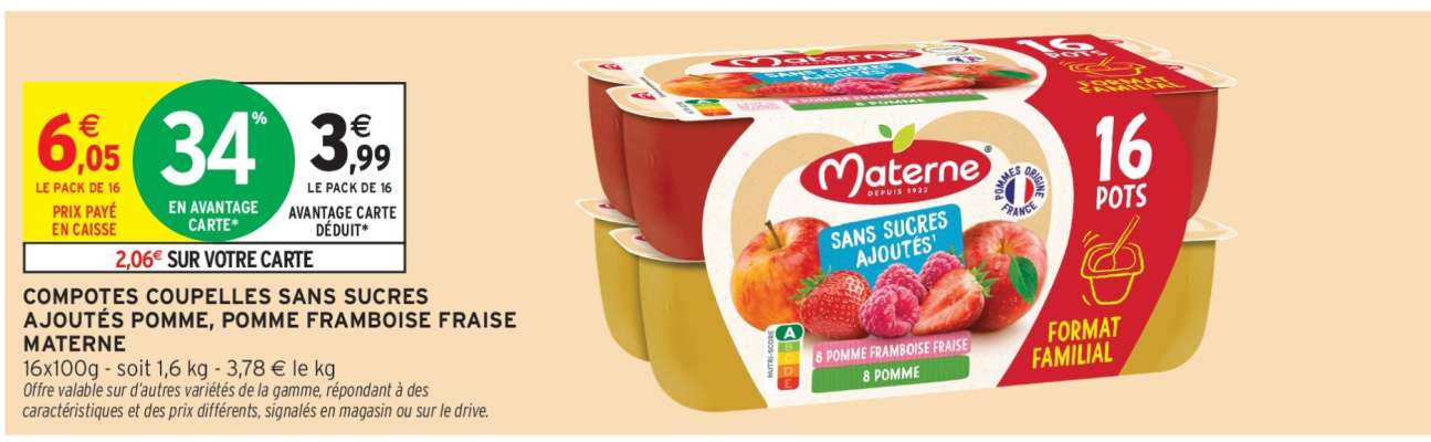 COMPOTES COUPELLES SANS SUCRES AJOUTÉS POMME, POMME FRAMBOISE FRAISE MATERNE