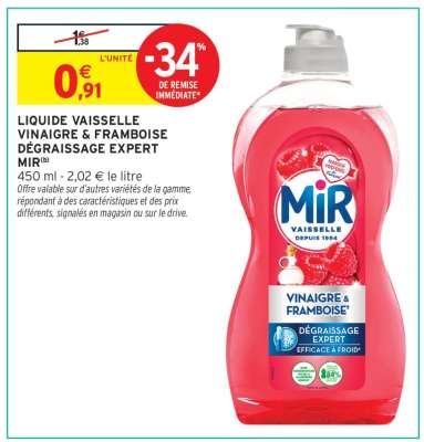 LIQUIDE VAISSELLE VINAIGRE & FRAMBOISE DÉGRAISSAGE EXPERT MIR