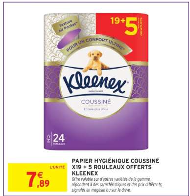 PAPIER HYGIÉNIQUE COUSSINÉ X19 + 5 ROULEAUX OFFERTS KLEENEX