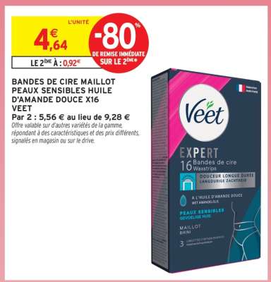 BANDES DE CIRE MAILLOT PEAUX SENSIBLES HUILE D'AMANDE DOUCE X16 VEET