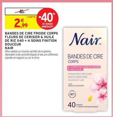 BANDES DE CIRE FROIDE CORPS FLEURS DE CERISIER & HUILE DE RIZ X40 + 4 SOINS FINITION DOUCEUR NAIR
