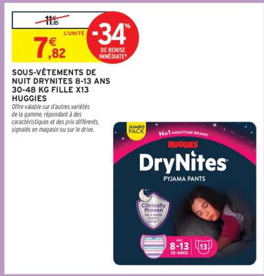 SOUS-VÊTEMENTS DE NUIT DRYNITES 8-13 ANS 30-48 KG FILLE X13 HUGGIES