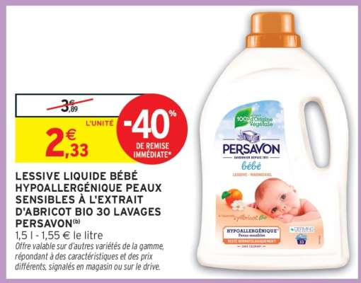 Lessive Liquide Bébé Hypoallergénique Peaux Sensibles à l'Extrait d'Abricot Bio 30 Lavages Persavon