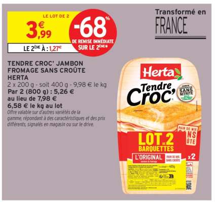 Tendre Croc Jambon Fromage Sans Croûte Herta