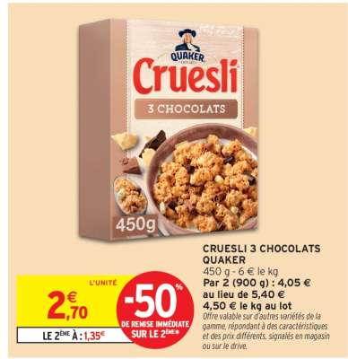 CRUESLI 3 CHOCOLATS QUAKER