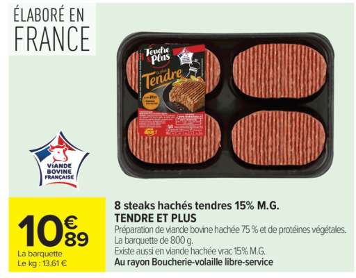 8 steaks hachés tendres 15% M.G. TENDRE ET PLUS