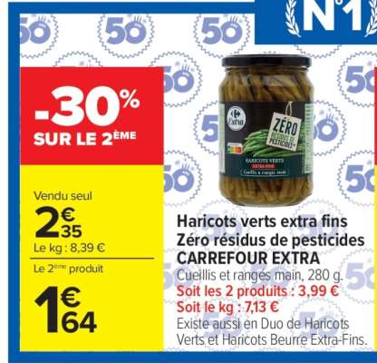 Haricots verts extra fins Zéro résidus de pesticides CARREFOUR EXTRA