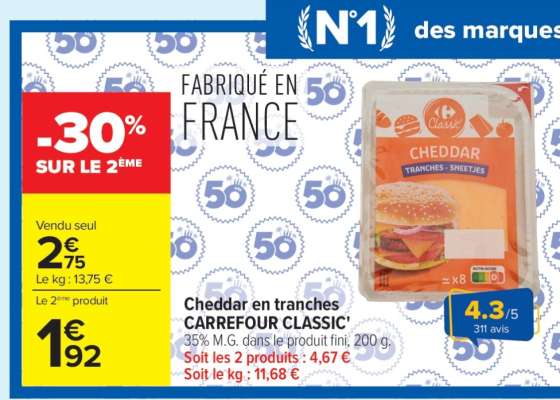 Cheddar en tranches CARREFOUR CLASSIC