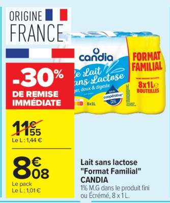 Lait sans lactose «Format Familial» CANDIA