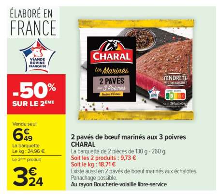 2 pavés de bœuf marinés aux 3 poivres CHARAL