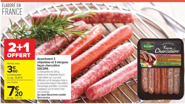 Assortiment 3 chipolatas et 3 merguez façon charcutière SOCOPA