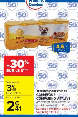 Terrines pour chiens CARREFOUR COMPANINO VITALIVE