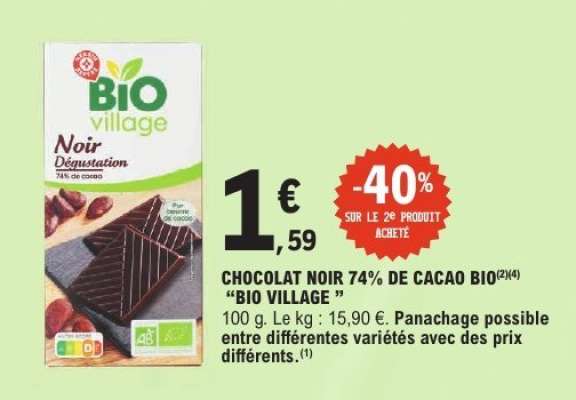 Chocolat Noir 74% de Cacao Bio "Bio Village"