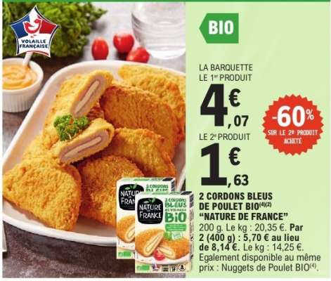 2 CORDONS BLEUS DE POULET BIO 'NATURE DE FRANCE'