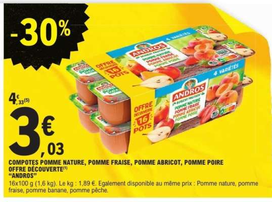 COMPOTES POMME NATURE, POMME FRAISE, POMME ABRICOT, POMME POIRE OFFRE DÉCOUVERTE "ANDROS"