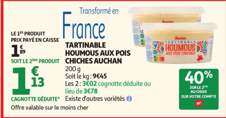 TARTINABLE HOUMOUS AUX POIS CHICHES AUCHAN