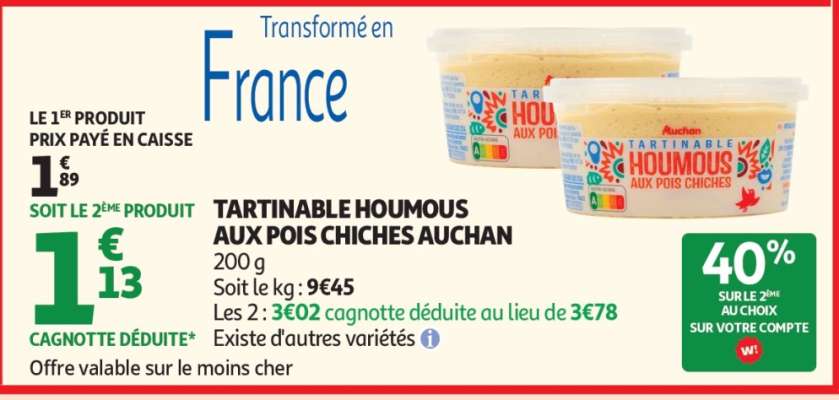 TARTINABLE HOUMOUS AUX POIS CHICHES AUCHAN