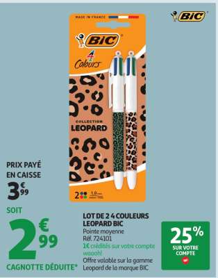 LOT DE 2 4 COULEURS LEOPARD BIC