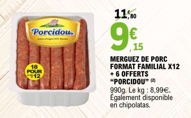 MERGUEZ DE PORC FORMAT FAMILIAL X12 + 6 OFFERTS "PORCIDOU"