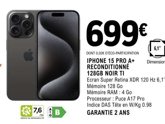 IPHONE 15 PRO A+ RECONDITIONNÉ 128GB NOIR TI
