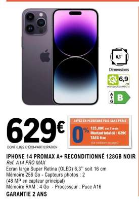 IPHONE 14 PROMAX A+ RECONDITIONNÉ 128GB NOIR