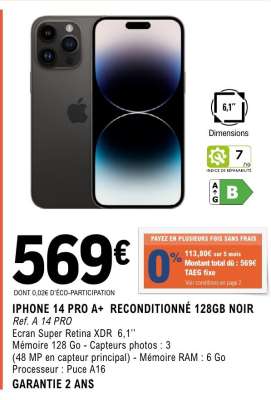 IPHONE 14 PRO A+ RECONDITIONNÉ 128GB NOIR
