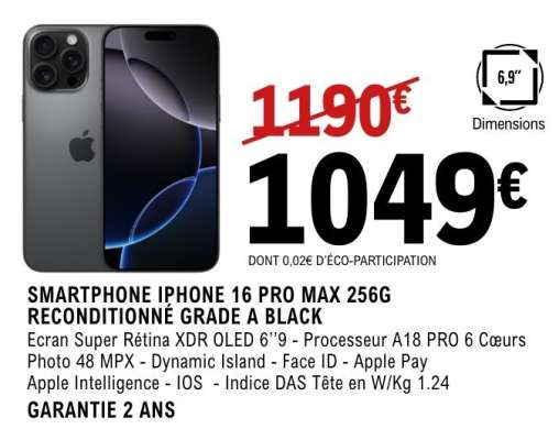 SMARTPHONE IPHONE 16 PRO MAX 256G RECONDITIONNÉ GRADE A BLACK