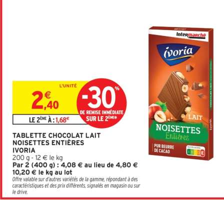TABLETTE CHOCOLAT LAIT NOISETTES ENTIÈRES IVORIA