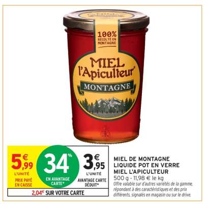 MIEL DE MONTAGNE LIQUIDE POT EN VERRE MIEL L'APICULTEUR