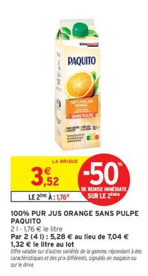 100% Pur Jus Orange Sans Pulpe Paquito