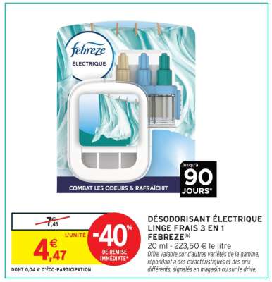 DÉSODORISANT ÉLECTRIQUE LINGE FRAIS 3 EN 1 FEBREZE