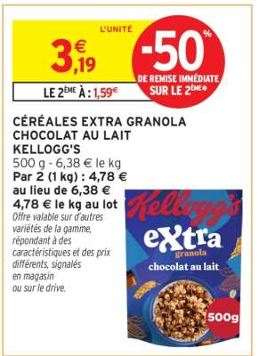 CÉRÉALES EXTRA GRANOLA CHOCOLAT AU LAIT KELLOGG'S