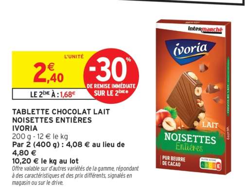 TABLETTE CHOCOLAT LAIT NOISETTES ENTIÈRES IVORIA