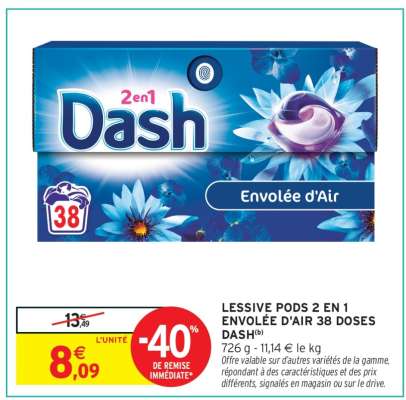 LESSIVE PODS 2 EN 1 ENVOLEE D'AIR 38 DOSES DASH